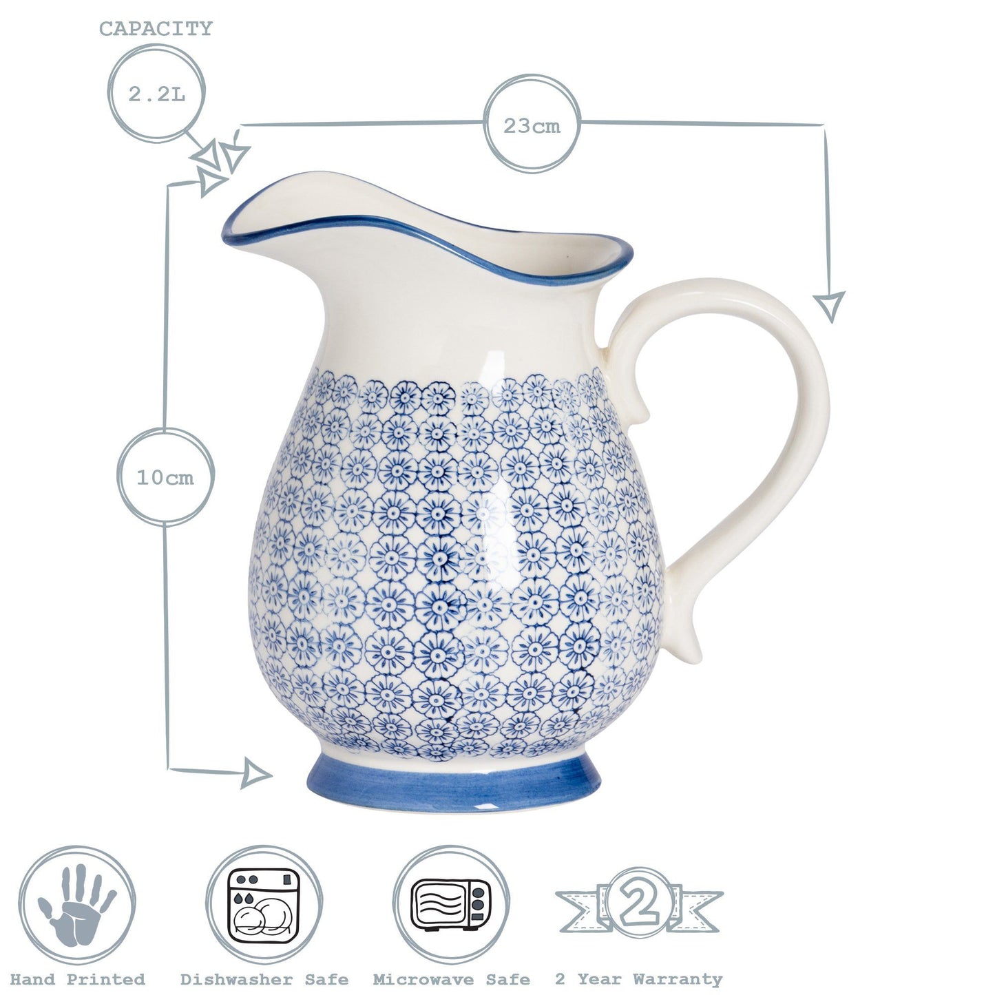2.2L Navy Hand Printed Stoneware Jug