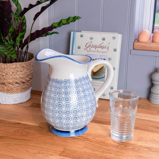 Nicola Spring Hand Printed 2.2L Water Jug - Flowers - Navy